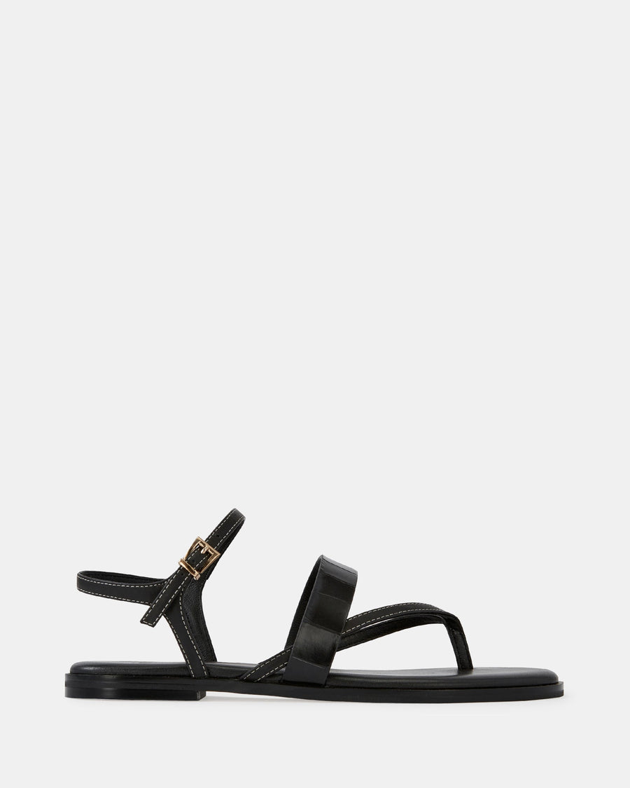 Diego Flat Sandals Black Crocodile Leather