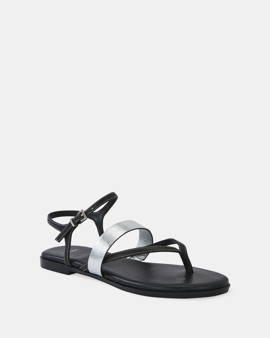 Diego Flat Sandals Black/Crinkle Silver Leather