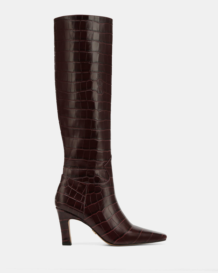Louella Long Boots Raisin Croc Embossed Leather