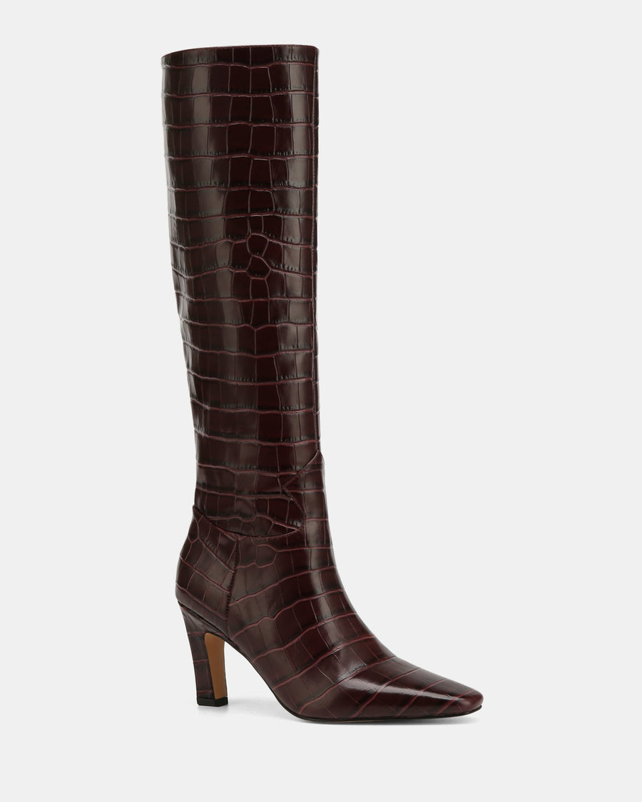 Louella Long Boots Raisin Croc Embossed Leather