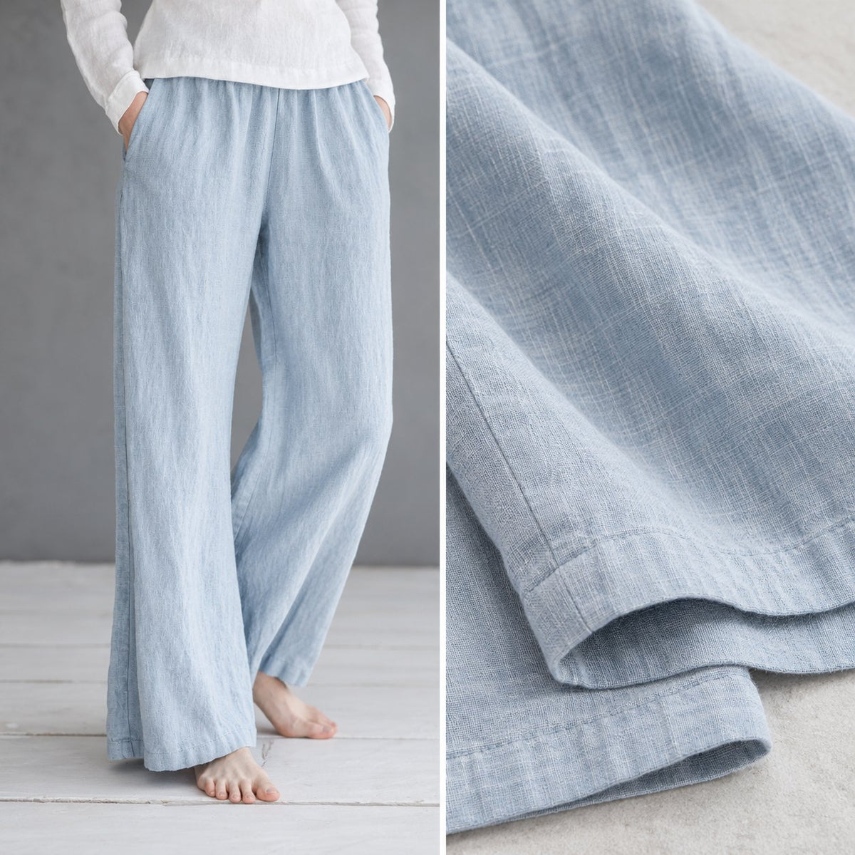 The Wide-Leg Linen Trouser, Glacier Gray linen fabric close-up