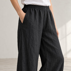 The Wide-Leg Linen Trouser in Black, detail view