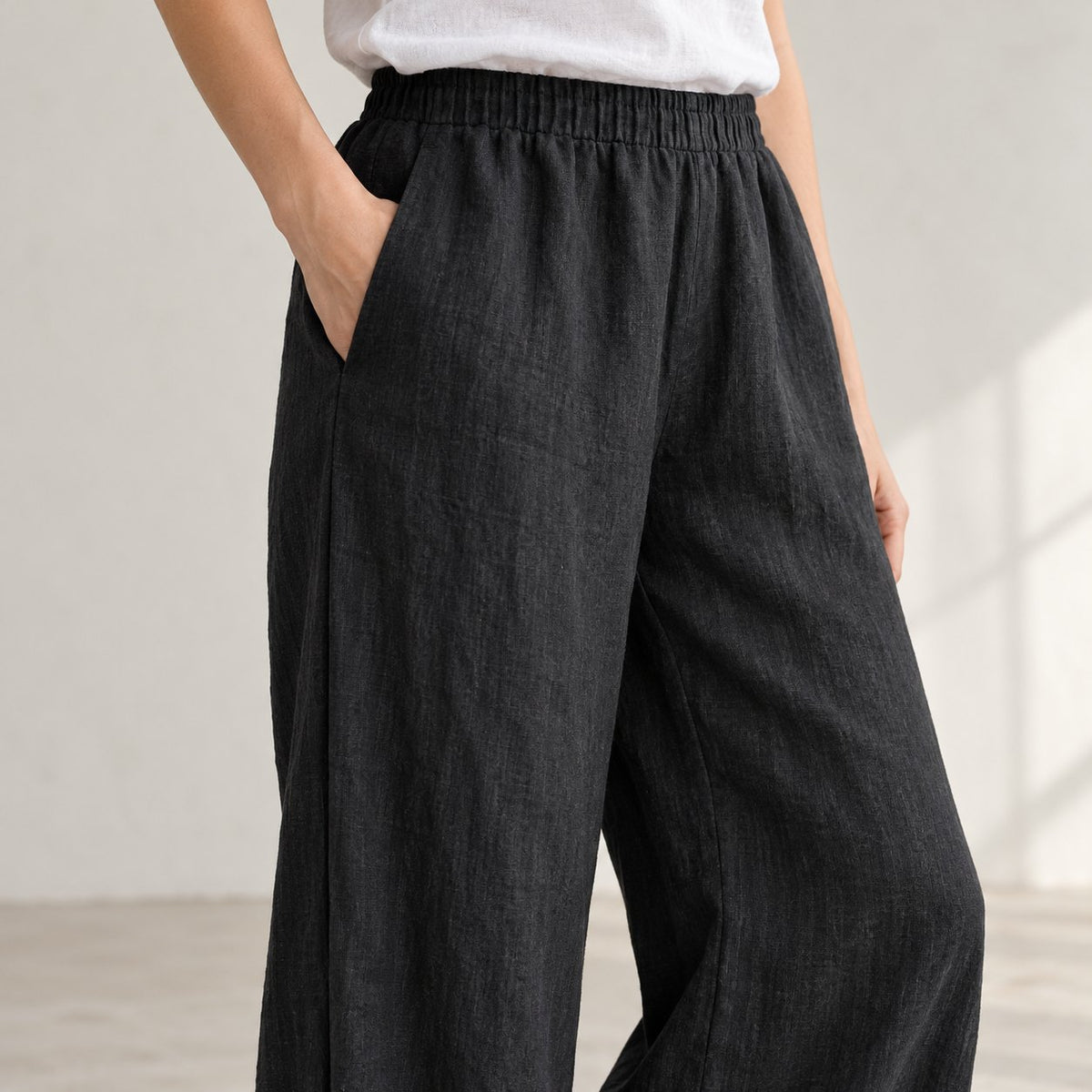 The Wide-Leg Linen Trouser in Black, detail view