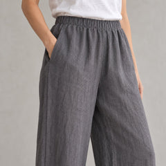 The Wide-Leg Linen Trouser in Charcoal Gray, detail view