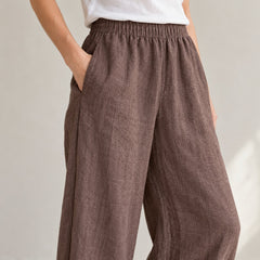 The Wide-Leg Linen Trouser in Chocolate Brown, detail view