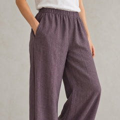 The Wide-Leg Linen Trouser in Dark Aubergine, detail view
