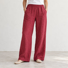 The Wide-Leg Linen Trouser in Dark Cherry Red