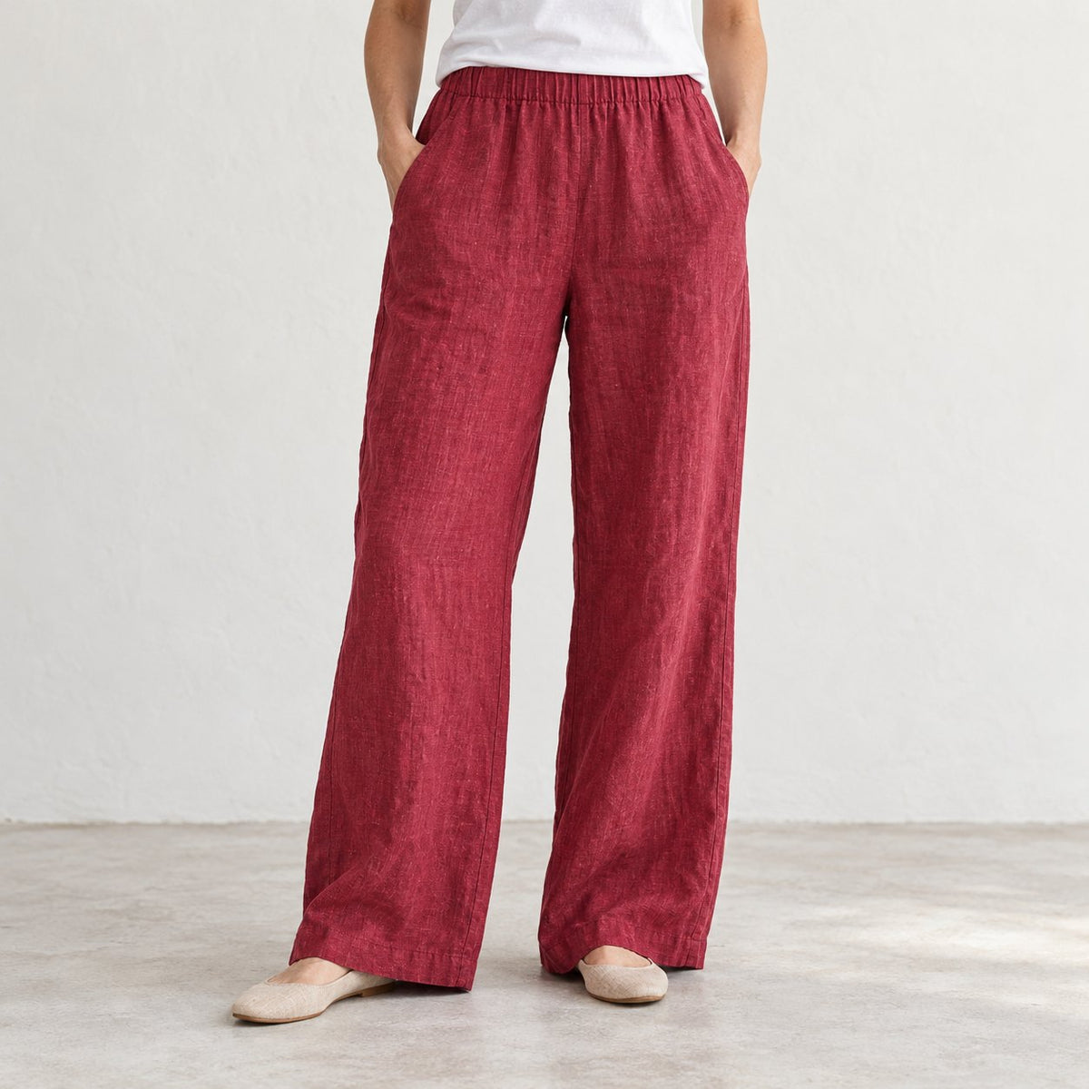 The Wide-Leg Linen Trouser in Dark Cherry Red