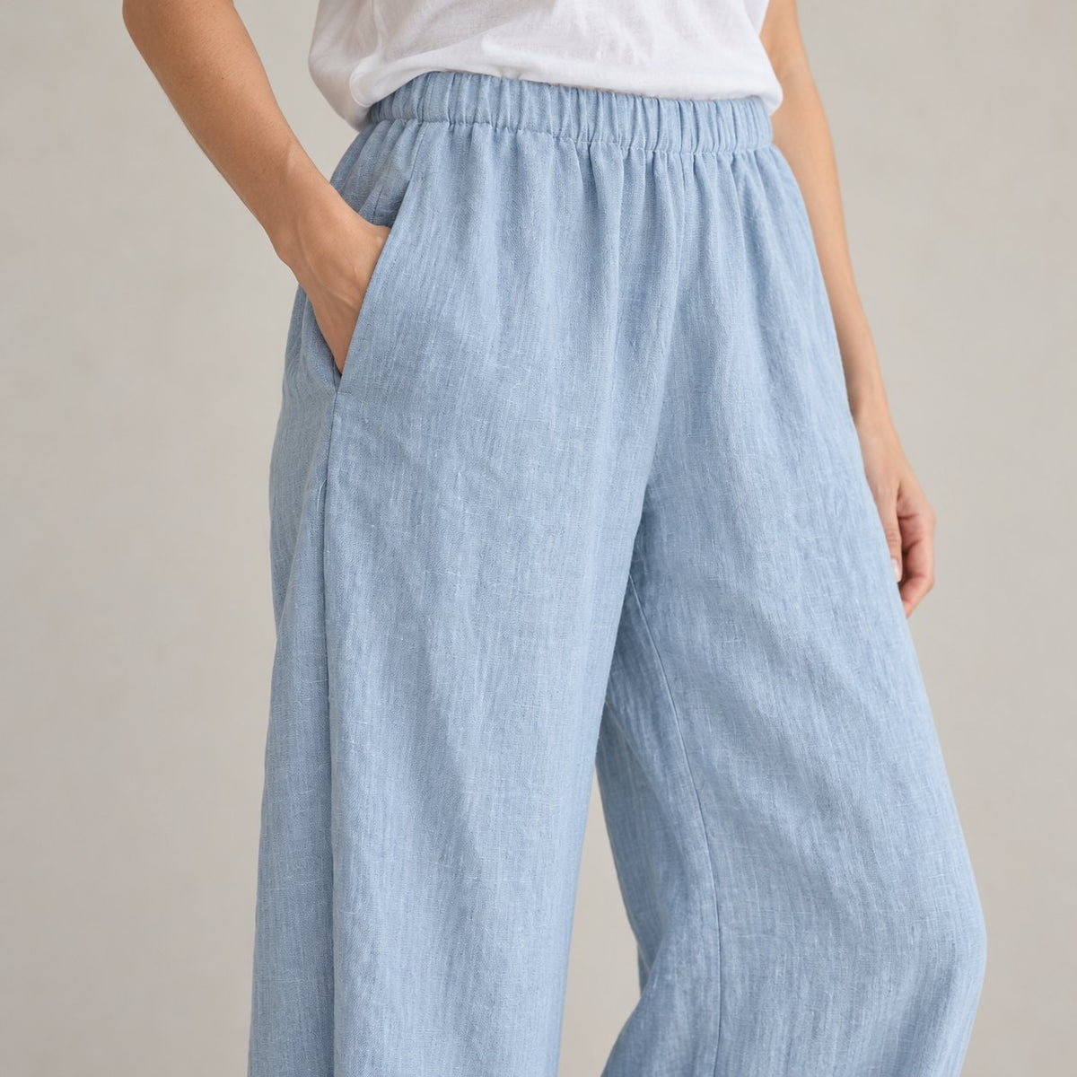 The Wide-Leg Linen Trouser in Dusk Blue, detail view