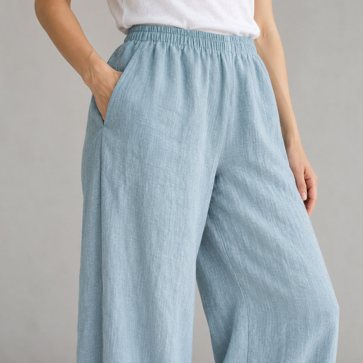 The Wide-Leg Linen Trouser in Dusty Turquoise, detail view
