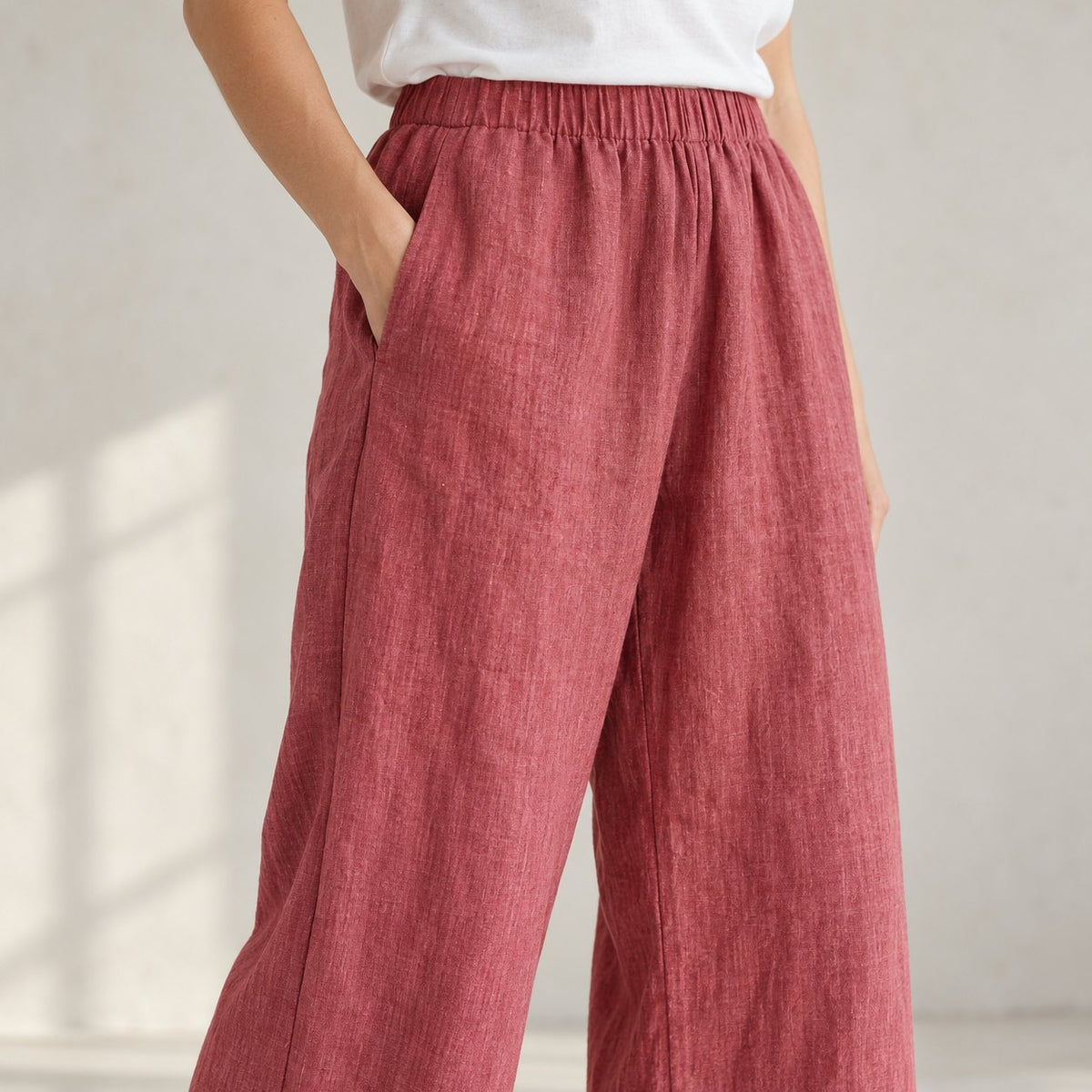 The Wide-Leg Linen Trouser in Frozen Cranberry, detail view