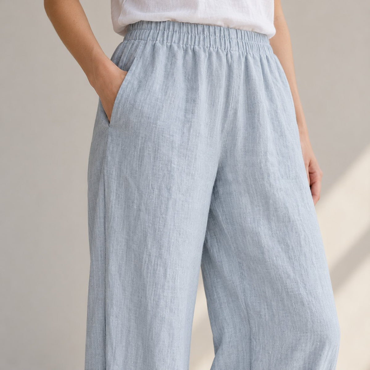 The Wide-Leg Linen Trouser in Glacier Gray, detail view