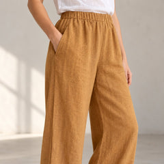 The Wide-Leg Linen Trouser in Mustard, detail view