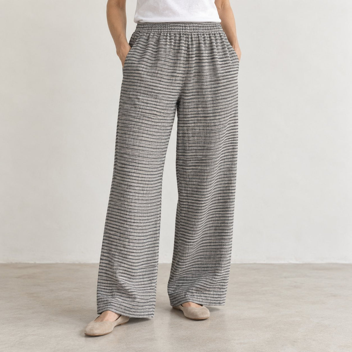 The Wide-Leg Linen Trouser in Natural Black Stripes