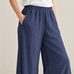 The Wide-Leg Linen Trouser in Navy Blue, detail view