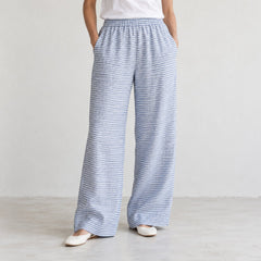 The Wide-Leg Linen Trouser in White Blue Stripes
