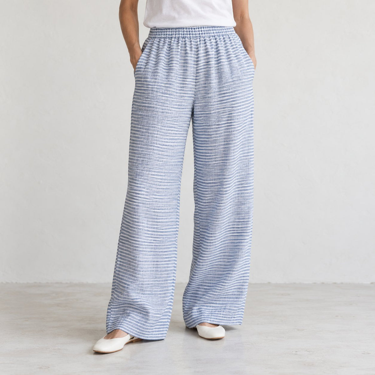 The Wide-Leg Linen Trouser in White Blue Stripes
