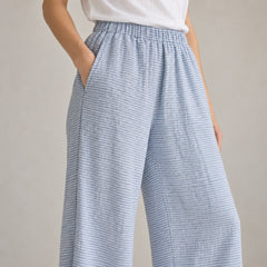 The Wide-Leg Linen Trouser in White Blue Stripes, detail view