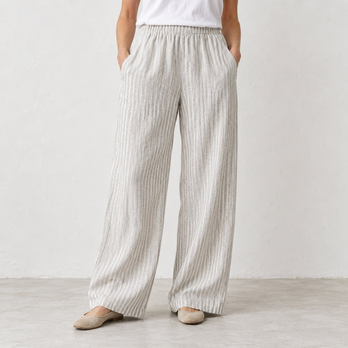 The Wide-Leg Linen Trouser in White Natural Stripes