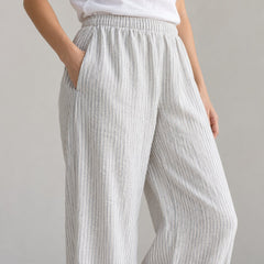 The Wide-Leg Linen Trouser in White Natural Stripes, detail view