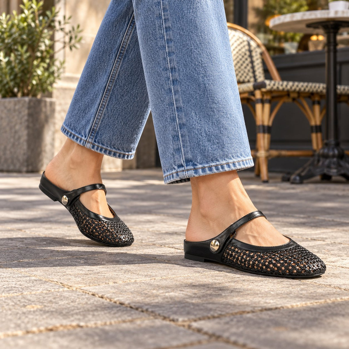 The Woven Mary Jane Mule, black pair while walking