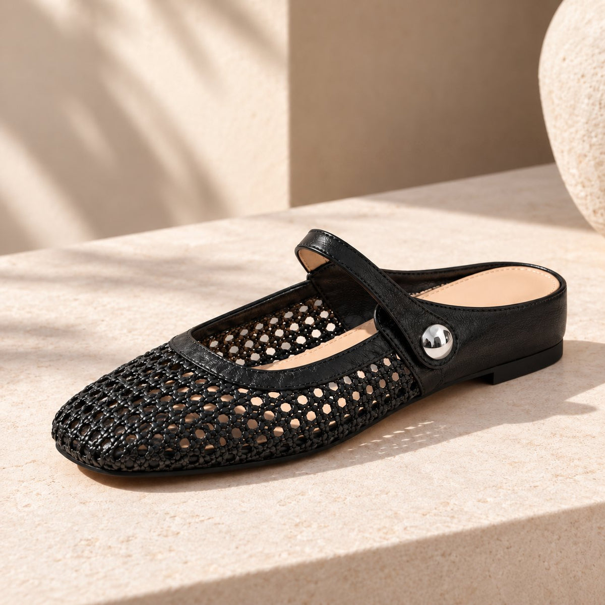 The Woven Mary Jane Mule in Black, detail view