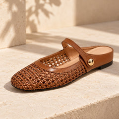The Woven Mary Jane Mule in Brown, detail view