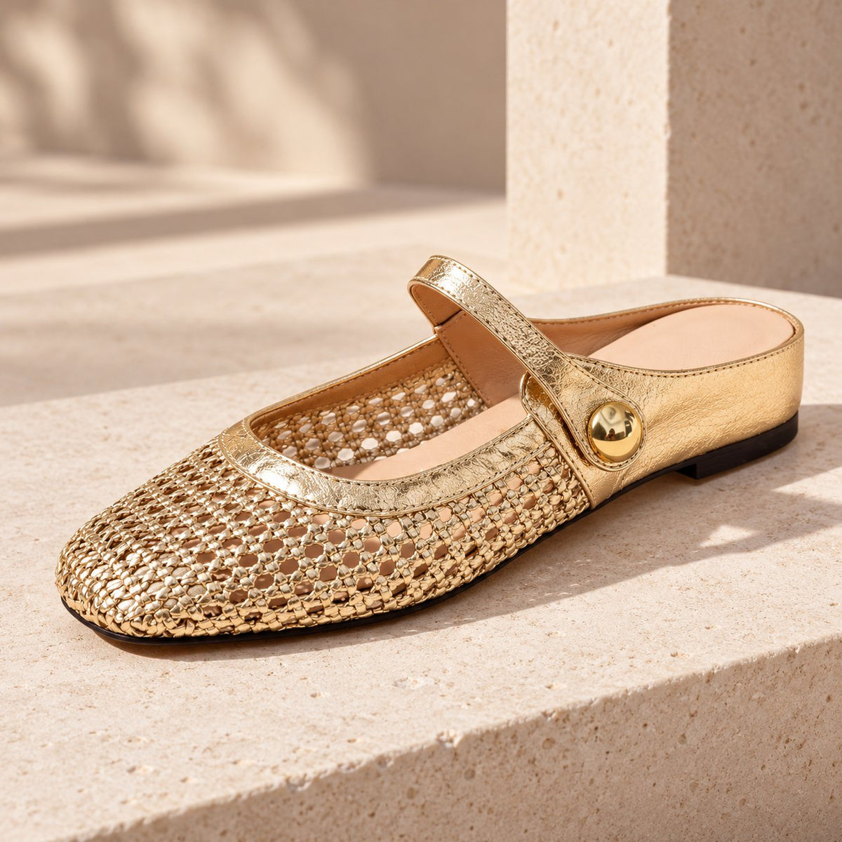 The Woven Mary Jane Mule in Gold, detail view