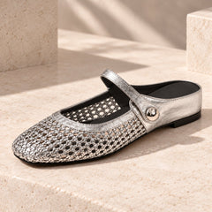 The Woven Mary Jane Mule in Silver, detail view