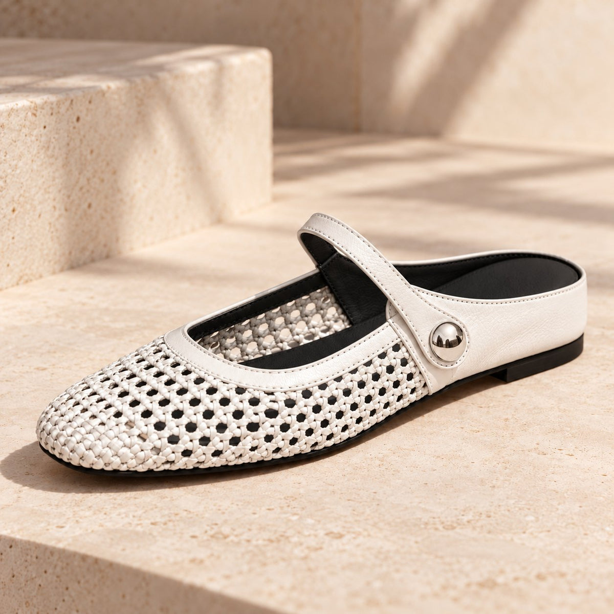The Woven Mary Jane Mule in White, detail view